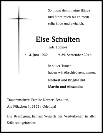 Anzeige von Else Schulten von Kölner Stadt-Anzeiger / Kölnische Rundschau / Express