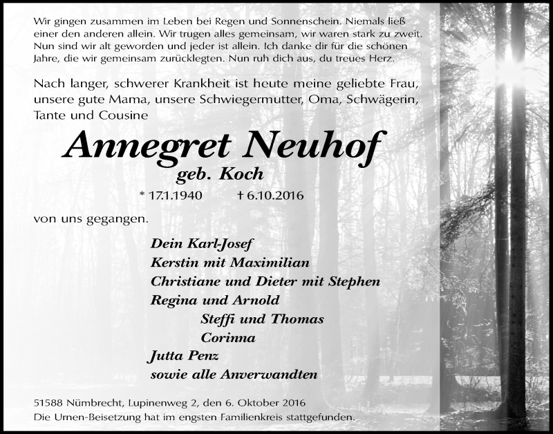  Traueranzeige für Annegret Neuhof vom 12.10.2016 aus  Lokalanzeiger 
