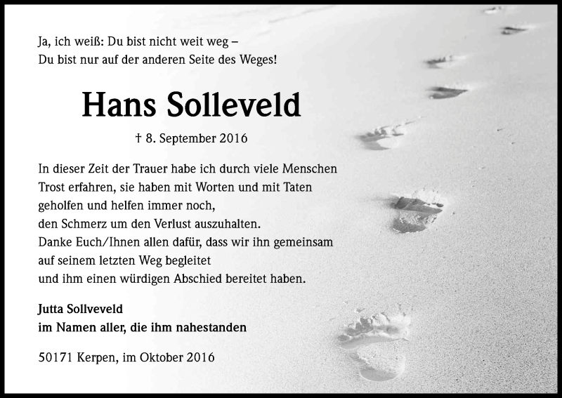  Traueranzeige für Johannes Solleveld vom 08.10.2016 aus Kölner Stadt-Anzeiger / Kölnische Rundschau / Express