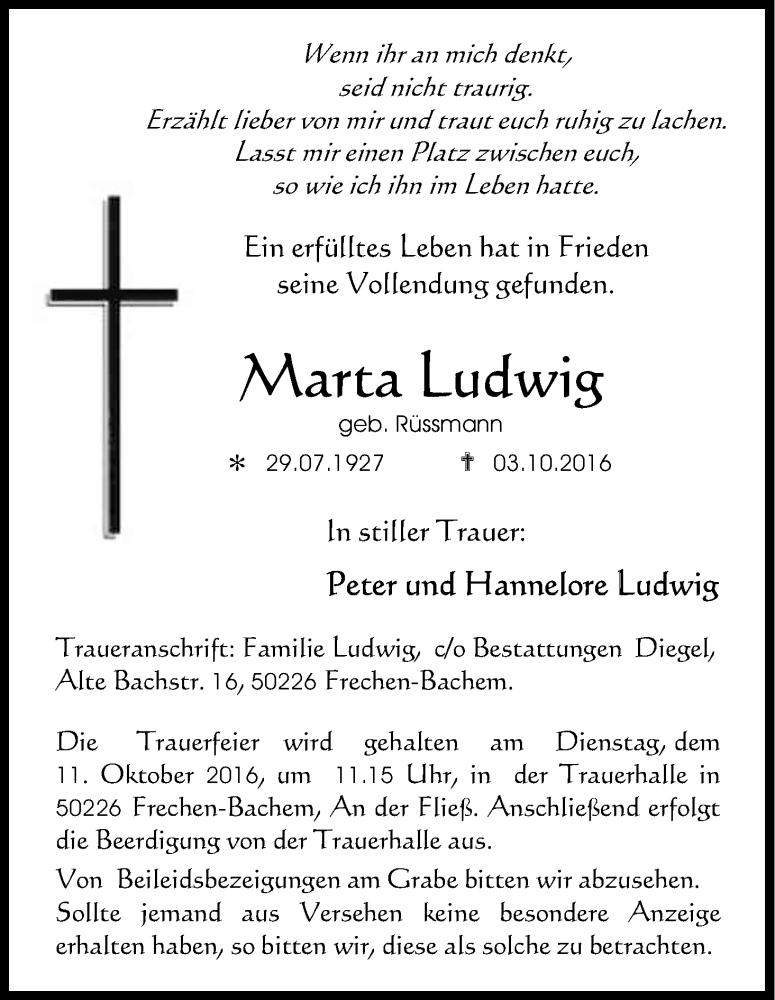  Traueranzeige für Marta Ludwig vom 07.10.2016 aus Kölner Stadt-Anzeiger / Kölnische Rundschau / Express