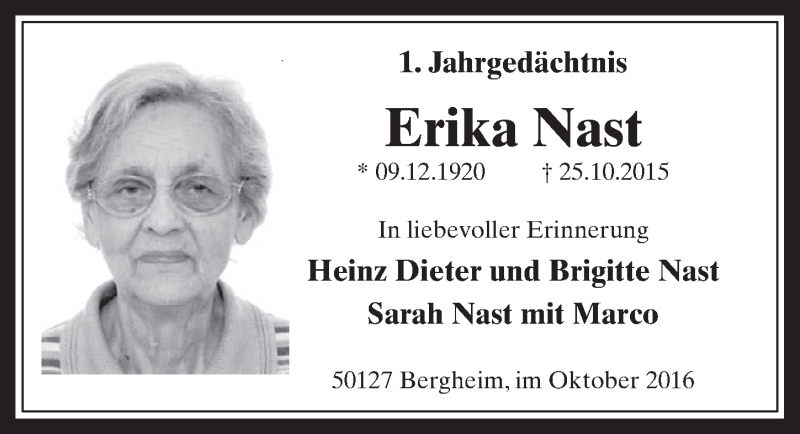  Traueranzeige für Erika Nast vom 26.10.2016 aus  Werbepost 