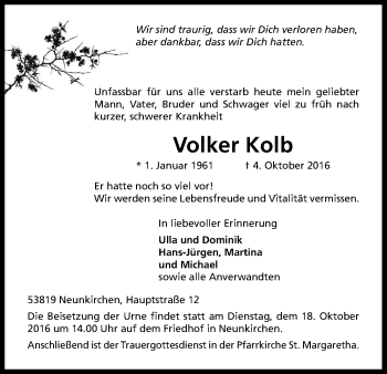 Anzeige von Volker Kolb von Kölner Stadt-Anzeiger / Kölnische Rundschau / Express