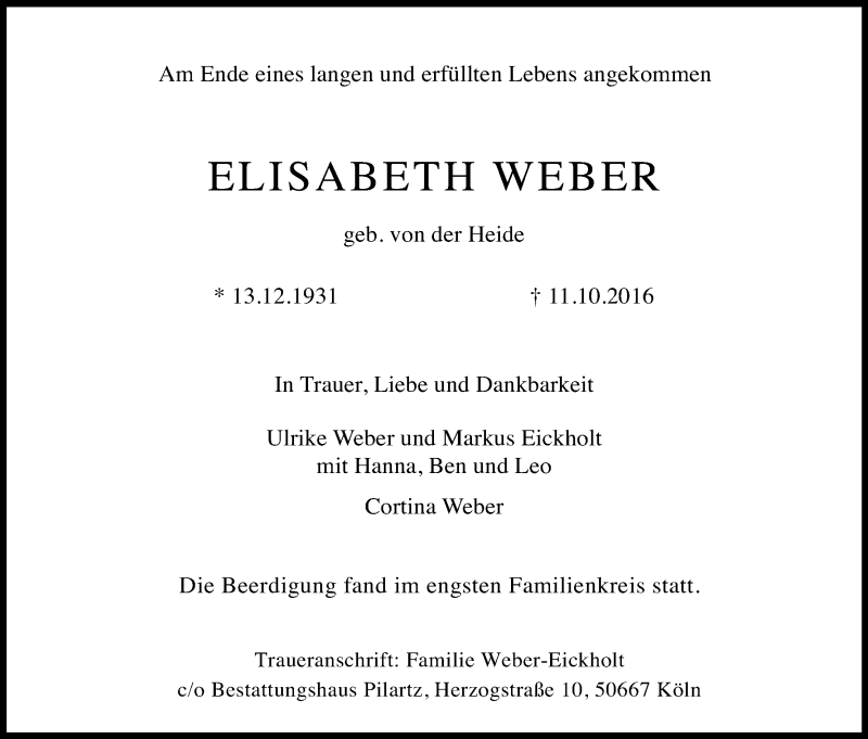  Traueranzeige für Elisabeth Weber vom 22.10.2016 aus Kölner Stadt-Anzeiger / Kölnische Rundschau / Express