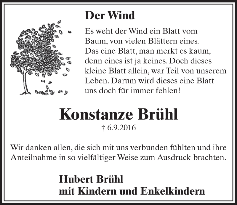  Traueranzeige für Konstanze Brühl vom 05.10.2016 aus  Schlossbote/Werbekurier 