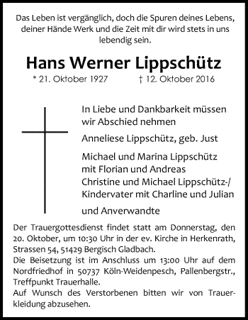 Anzeige von Hans Werner Lippschütz von Kölner Stadt-Anzeiger / Kölnische Rundschau / Express