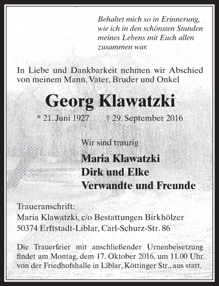  Traueranzeige für Georg Klawatzki vom 12.10.2016 aus  Werbepost 