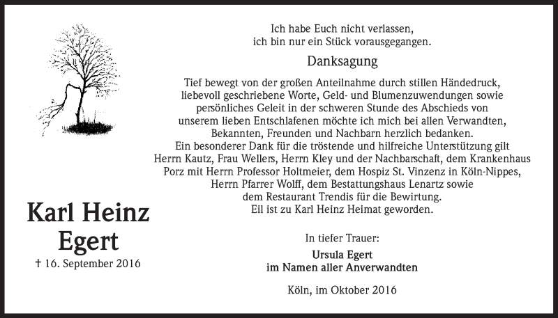  Traueranzeige für Karl Heinz Egert vom 19.10.2016 aus  Kölner Wochenspiegel 
