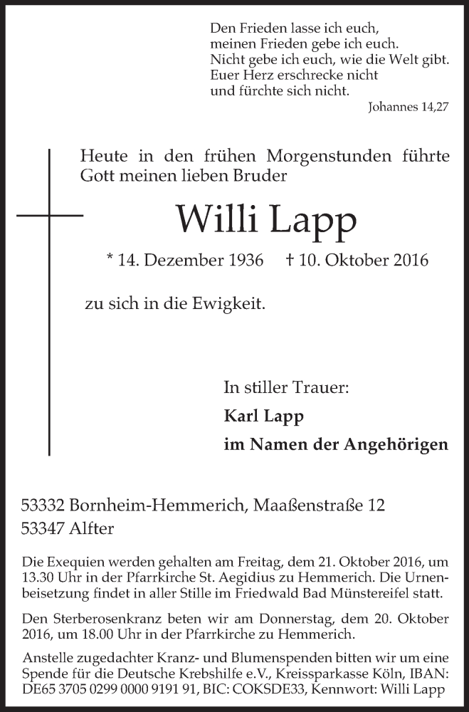  Traueranzeige für Willi Lapp vom 19.10.2016 aus  Schaufenster/Blickpunkt 