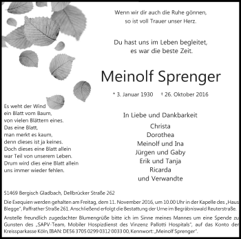 Anzeige von Meinolf Sprenger von Kölner Stadt-Anzeiger / Kölnische Rundschau / Express