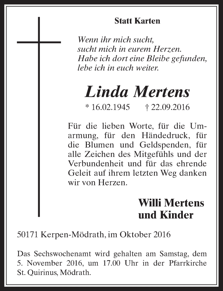  Traueranzeige für Linda Mertens vom 19.10.2016 aus  Werbepost 