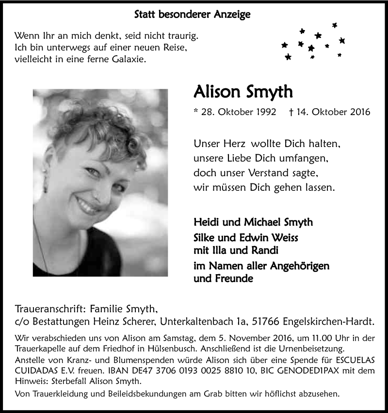  Traueranzeige für Alison Smyth vom 28.10.2016 aus Kölner Stadt-Anzeiger / Kölnische Rundschau / Express