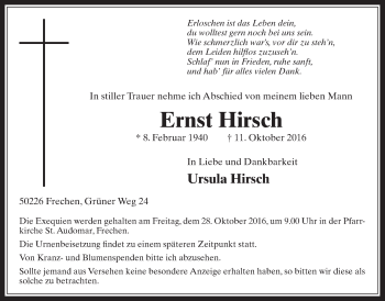 Anzeige von Ernst Hirsch von  Wochenende 