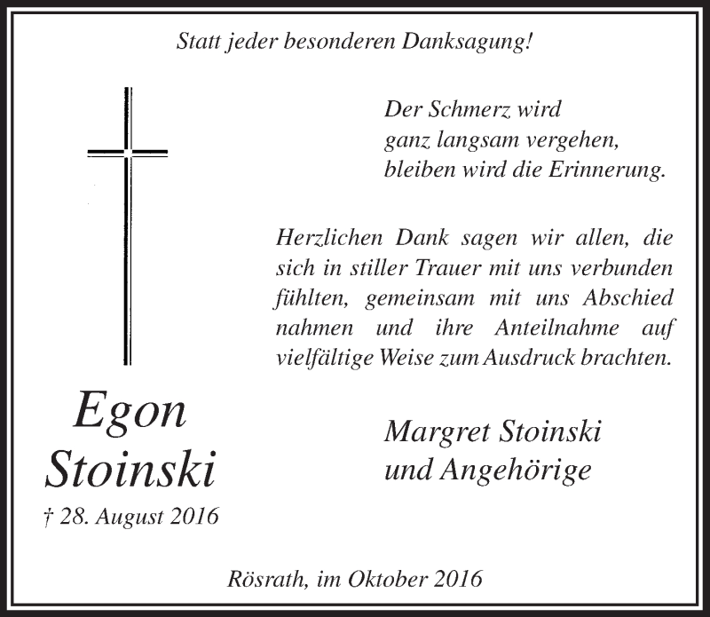  Traueranzeige für Egon Stoinski vom 26.10.2016 aus  Bergisches Handelsblatt 