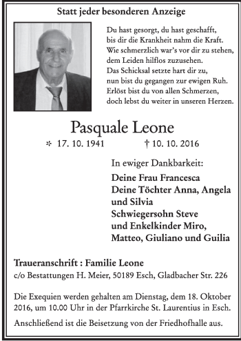 Anzeige von Pasquale Leone von  Sonntags-Post 