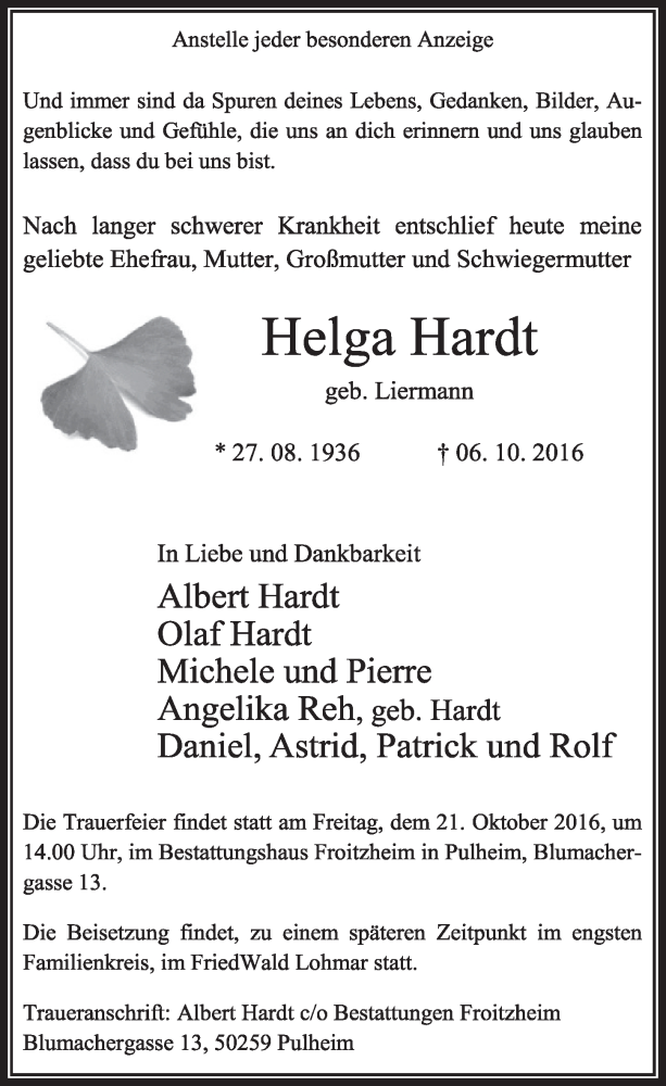  Traueranzeige für Helga Hardt vom 15.10.2016 aus  Sonntags-Post 