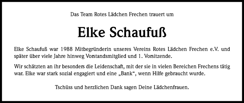  Traueranzeige für Elke Schaufuß vom 19.10.2016 aus Kölner Stadt-Anzeiger / Kölnische Rundschau / Express