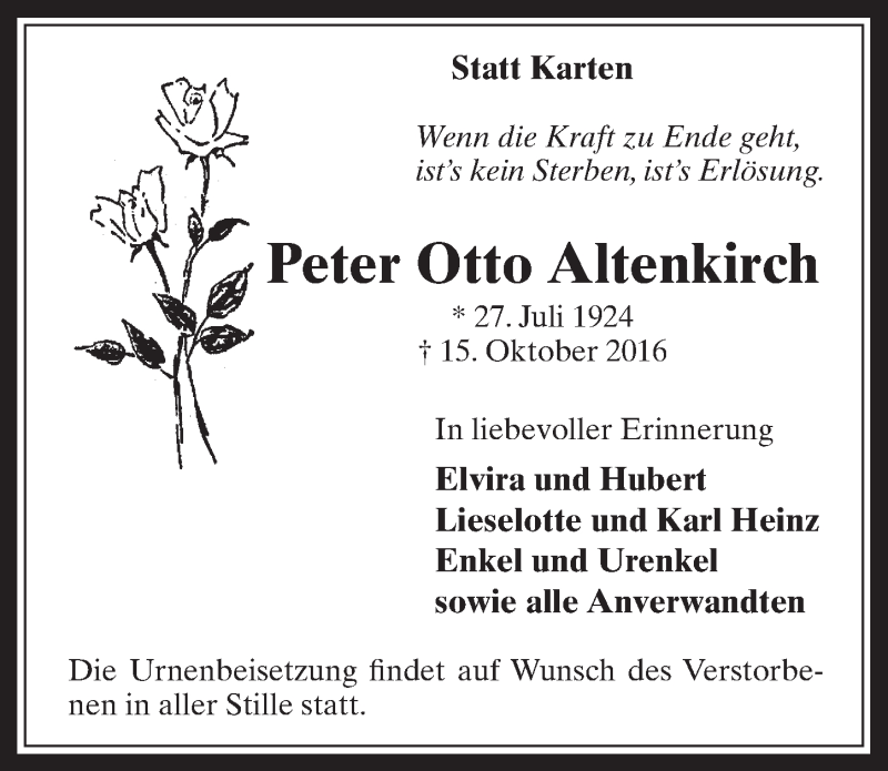  Traueranzeige für Peter Otto Altenkirch vom 26.10.2016 aus  Werbepost 