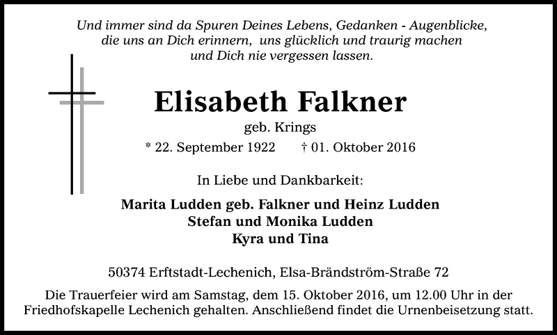  Traueranzeige für Elisabeth Falkner vom 08.10.2016 aus Kölner Stadt-Anzeiger / Kölnische Rundschau / Express