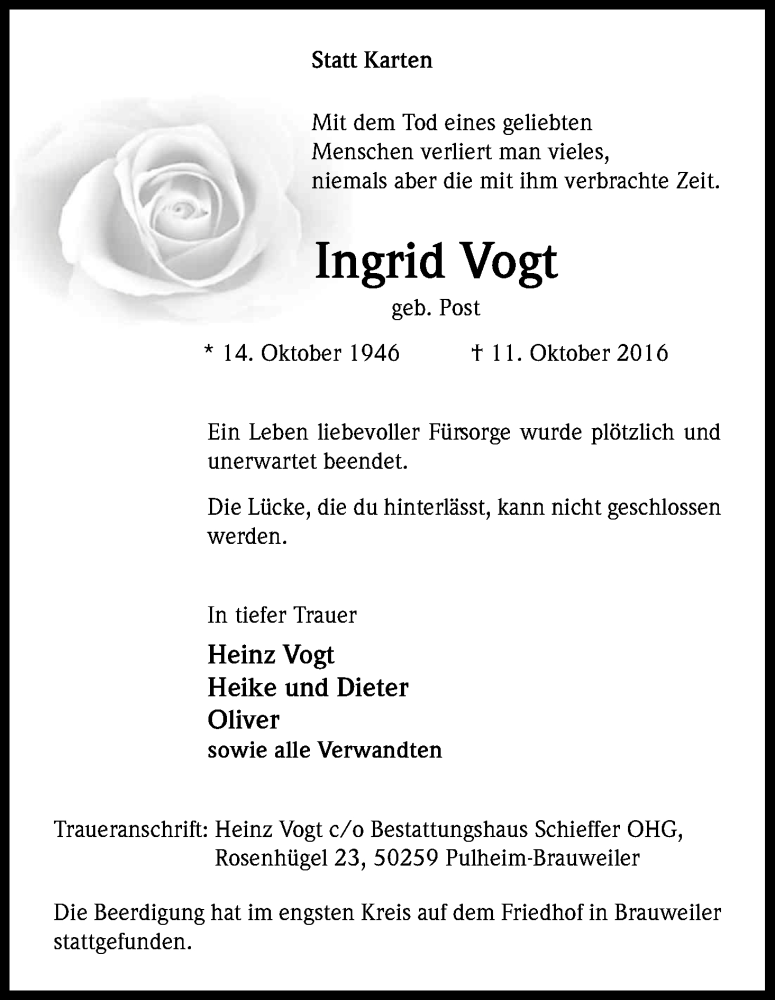  Traueranzeige für Ingrid Vogt vom 22.10.2016 aus Kölner Stadt-Anzeiger / Kölnische Rundschau / Express