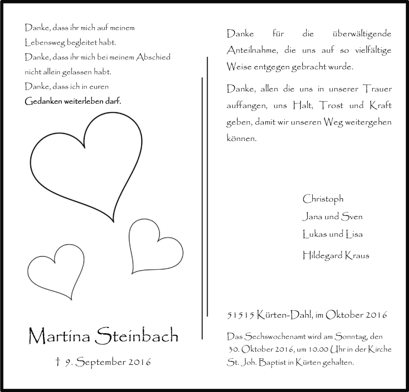  Traueranzeige für Martina Steinbach vom 22.10.2016 aus Kölner Stadt-Anzeiger / Kölnische Rundschau / Express