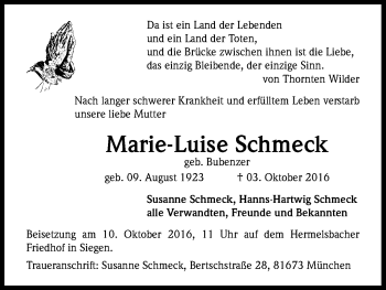 Anzeige von Marie-Luise Schmeck von Kölner Stadt-Anzeiger / Kölnische Rundschau / Express