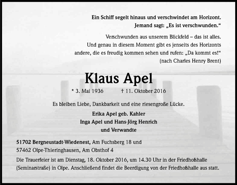  Traueranzeige für Klaus Apel vom 15.10.2016 aus Kölner Stadt-Anzeiger / Kölnische Rundschau / Express