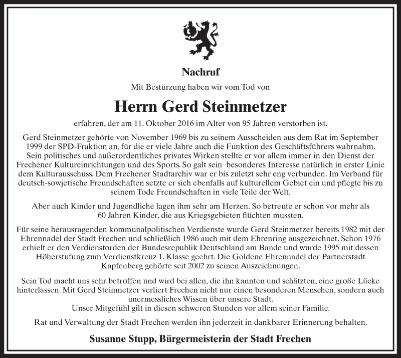  Traueranzeige für Gerd Steinmetzer vom 15.10.2016 aus  Sonntags-Post 