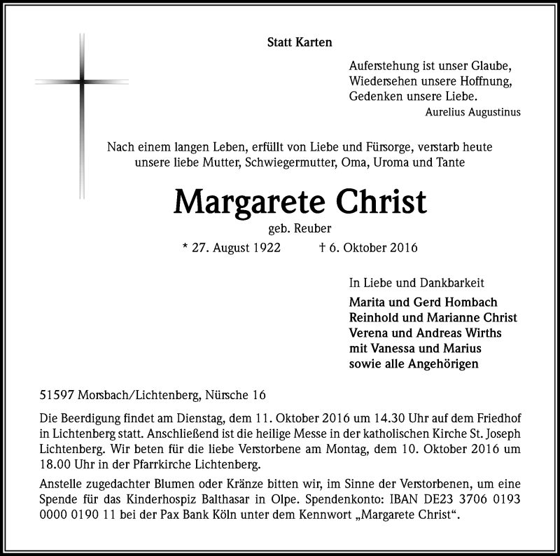  Traueranzeige für Margarete Christ vom 08.10.2016 aus Kölner Stadt-Anzeiger / Kölnische Rundschau / Express