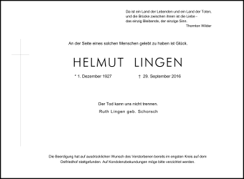 Anzeige von Helmut Lingen von Kölner Stadt-Anzeiger / Kölnische Rundschau / Express