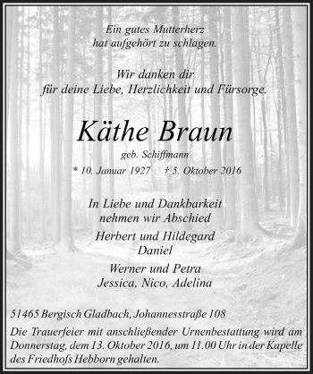 Anzeige von Käthe Braun von  Bergisches Handelsblatt 