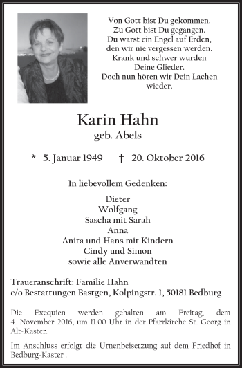 Anzeige von Karin Hahn von  Sonntags-Post 