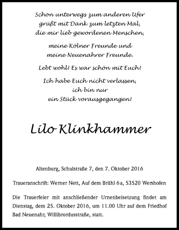 Anzeige von Lilo Klinkhammer von Kölner Stadt-Anzeiger / Kölnische Rundschau / Express