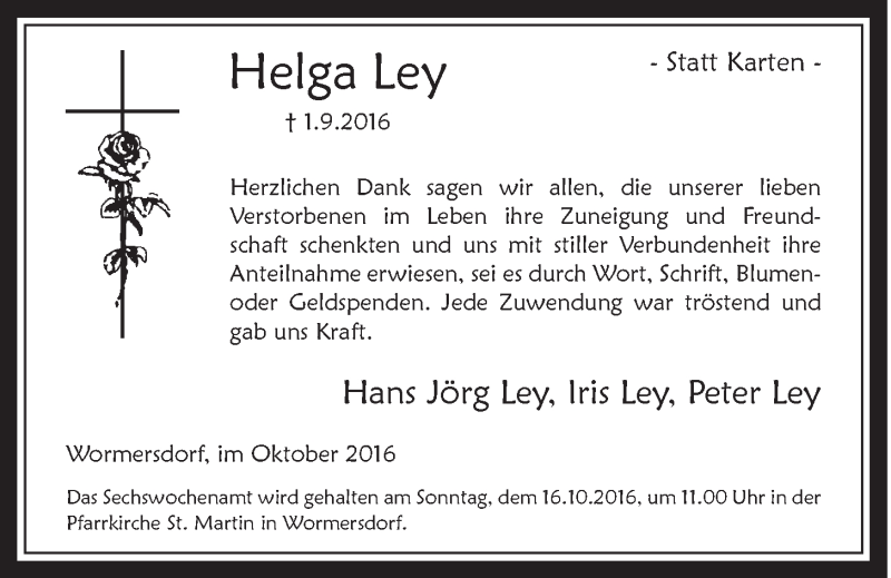  Traueranzeige für Helga Ley vom 12.10.2016 aus  Schaufenster/Blickpunkt 