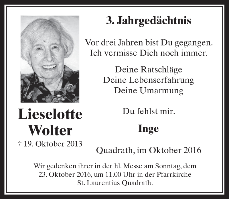  Traueranzeige für Lieselotte Wolter vom 18.07.2023 aus  Werbepost 