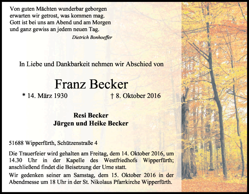  Traueranzeige für Franz Becker vom 11.10.2016 aus Kölner Stadt-Anzeiger / Kölnische Rundschau / Express
