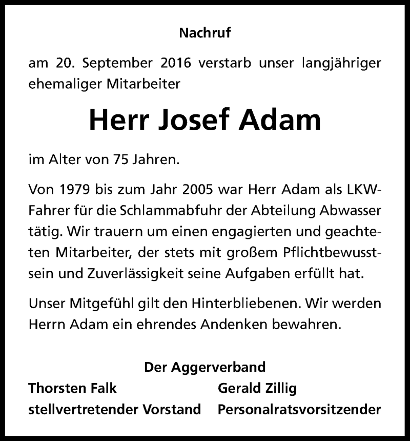  Traueranzeige für Josef Adam vom 19.10.2016 aus Kölner Stadt-Anzeiger / Kölnische Rundschau / Express