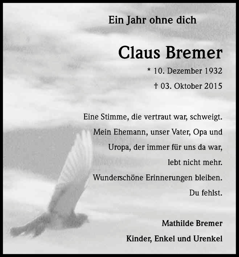  Traueranzeige für Claus Bremer vom 03.10.2016 aus Kölner Stadt-Anzeiger / Kölnische Rundschau / Express