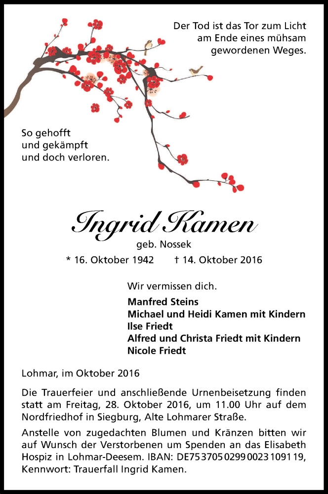  Traueranzeige für Ingrid Kamen vom 22.10.2016 aus Kölner Stadt-Anzeiger / Kölnische Rundschau / Express