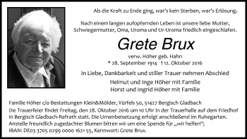 Anzeige von Grete Brux von Kölner Stadt-Anzeiger / Kölnische Rundschau / Express