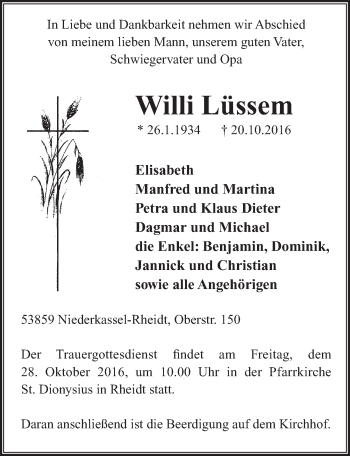 Anzeige von Willi Lüssem von  Extra Blatt 