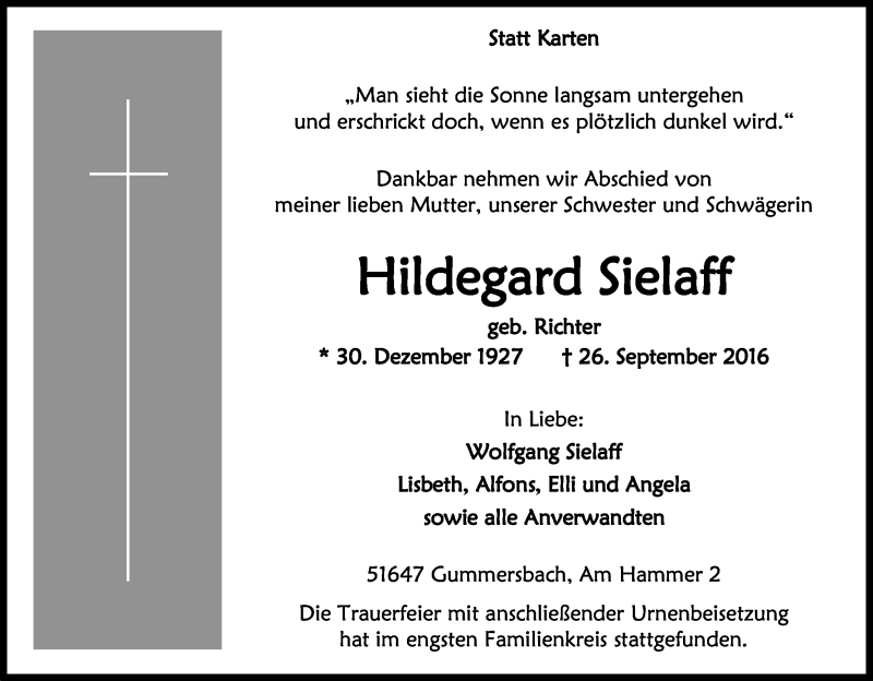  Traueranzeige für Maria Sielaff vom 08.10.2016 aus Kölner Stadt-Anzeiger / Kölnische Rundschau / Express