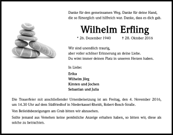 Anzeige von Wilhelm Erfling von Kölner Stadt-Anzeiger / Kölnische Rundschau / Express