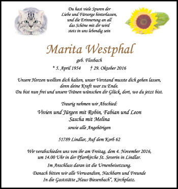 Anzeige von Marita Westphal von Kölner Stadt-Anzeiger / Kölnische Rundschau / Express