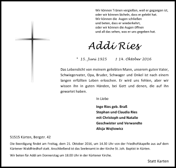 Anzeige von Addi Ries von Kölner Stadt-Anzeiger / Kölnische Rundschau / Express