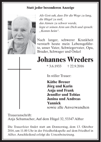 Anzeige von Johannes Wreders von  Schaufenster/Blickpunkt 