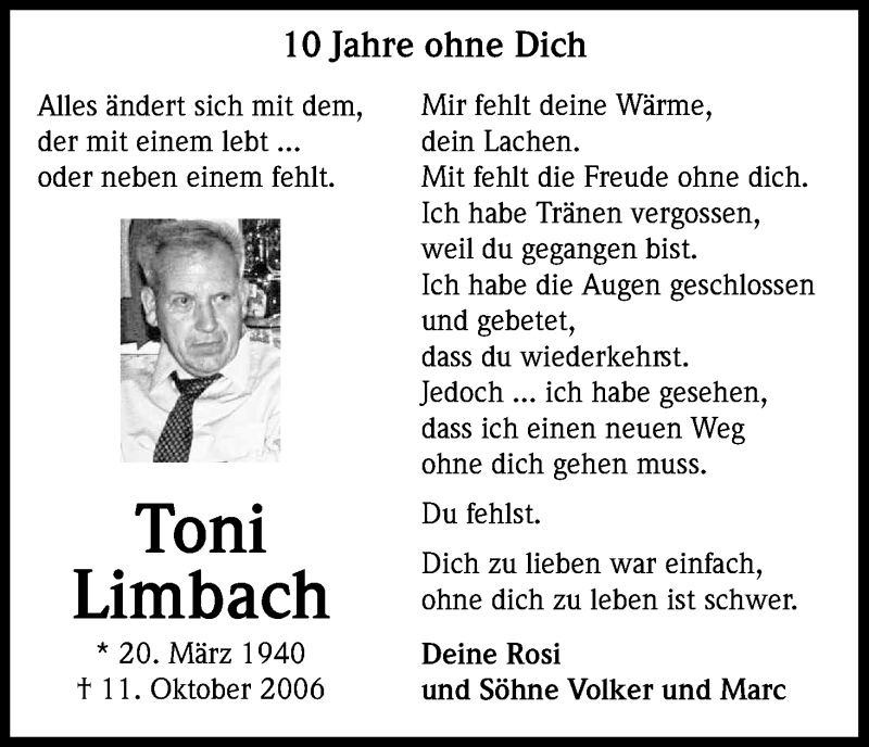  Traueranzeige für Toni Limbach vom 11.10.2016 aus Kölner Stadt-Anzeiger / Kölnische Rundschau / Express