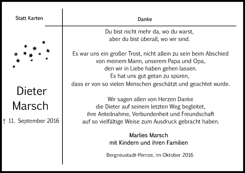  Traueranzeige für Dieter Marsch vom 29.10.2016 aus Kölner Stadt-Anzeiger / Kölnische Rundschau / Express