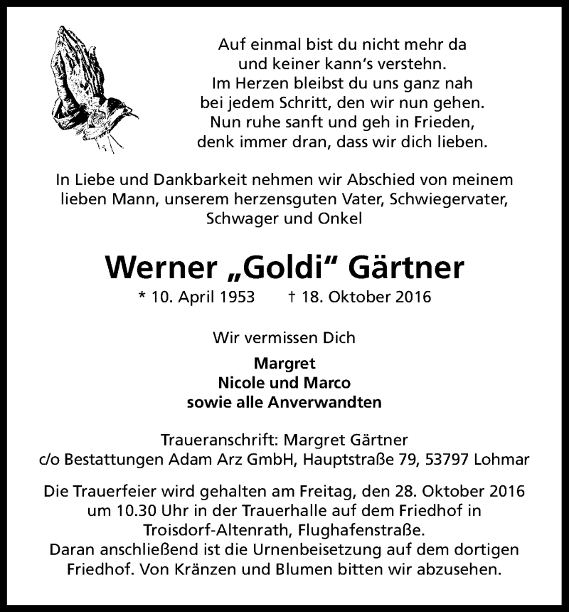  Traueranzeige für Werner Gärtner vom 22.10.2016 aus Kölner Stadt-Anzeiger / Kölnische Rundschau / Express