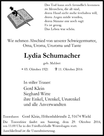 Anzeige von Lydia Schumacher von  Anzeigen Echo 