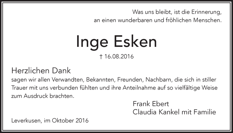  Traueranzeige für Inge Esken vom 08.10.2016 aus  Leverkusener Wochenende 